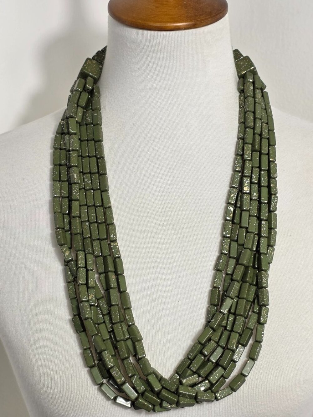 Multi-Strand Wood Bead Necklace Green Rectangle & Square Beads Gold Speckles